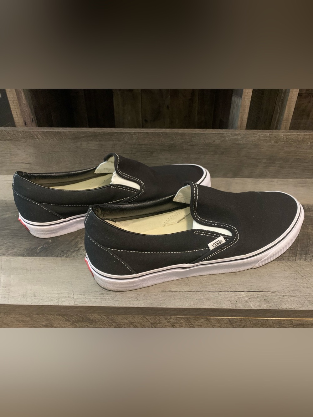 Vans Black and White Slip-On Canvas Sneakers - Mens 11.5